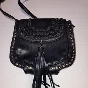 Black Leather Crossbody Bag with Studs And Tassel